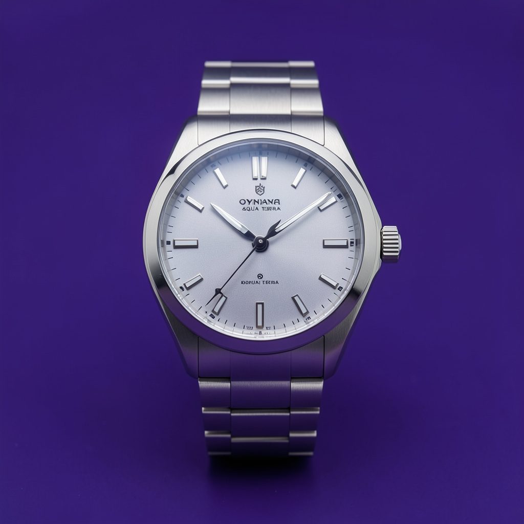 A studio product shot of an Omega Seamaster Aqua Terra-style watch with a slim case, soft lavender-toned dial, on a clean white surface