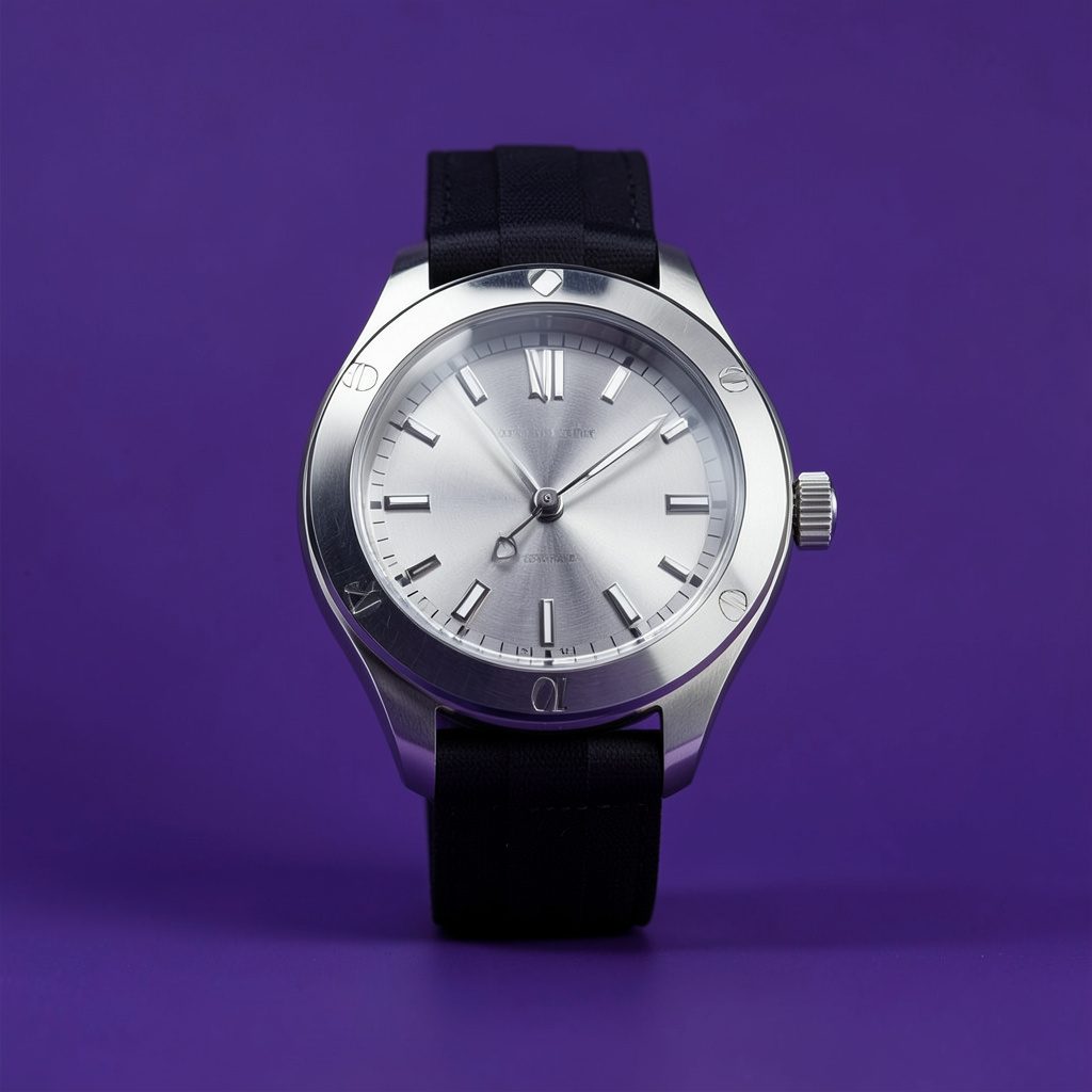 Stainless steel diver's watch photographed on a clean white surface with soft daylight
