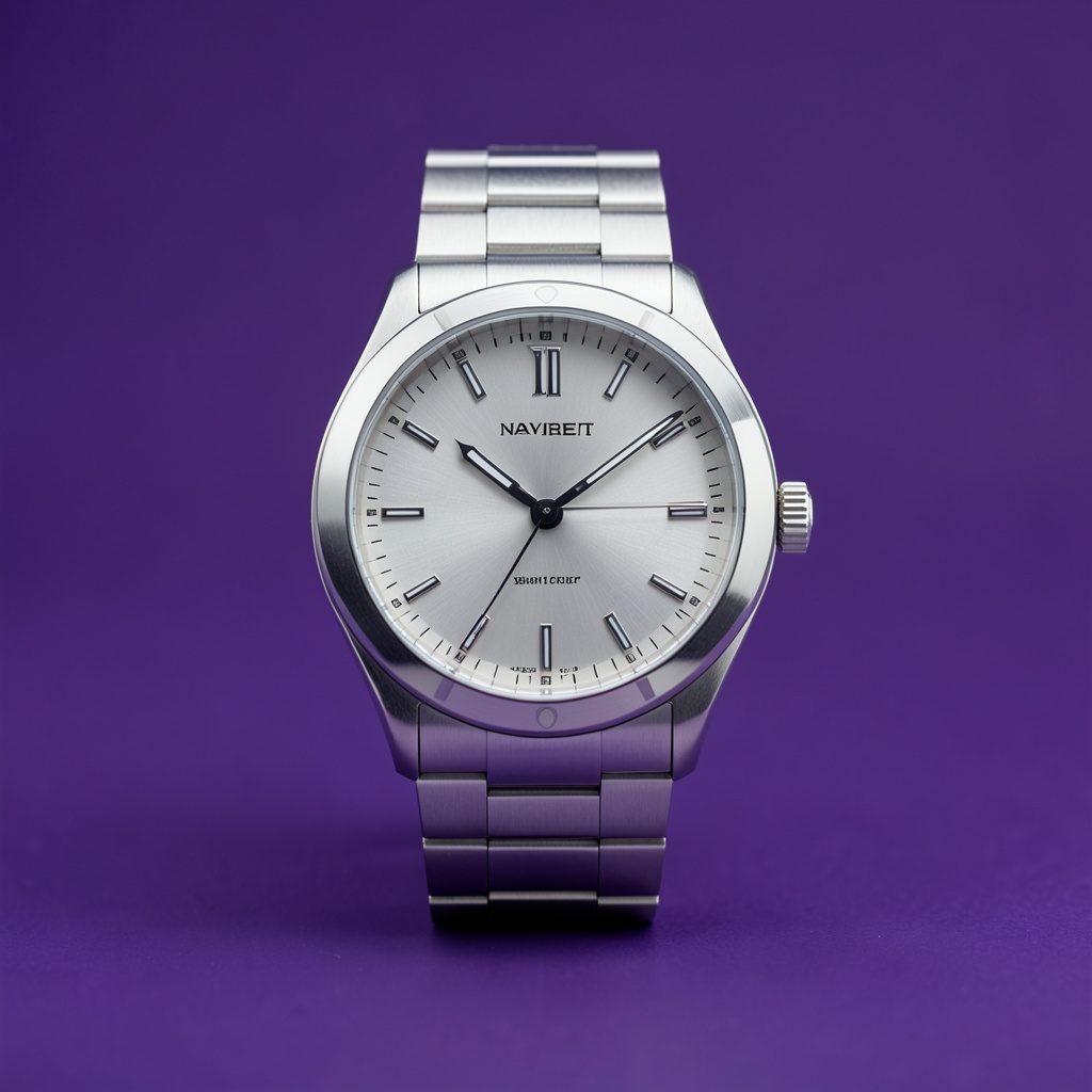 Silver chronograph wristwatch with a circular slide rule bezel on a soft grey backdrop