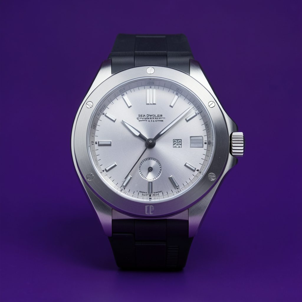 A studio product shot of a Rolex Sea-Dweller-style diver watch with a brushed steel case and black bezel, on a clean white surface