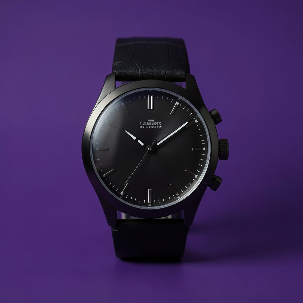 Large black cushion-shaped wristwatch with luminous markers on a dark backdrop