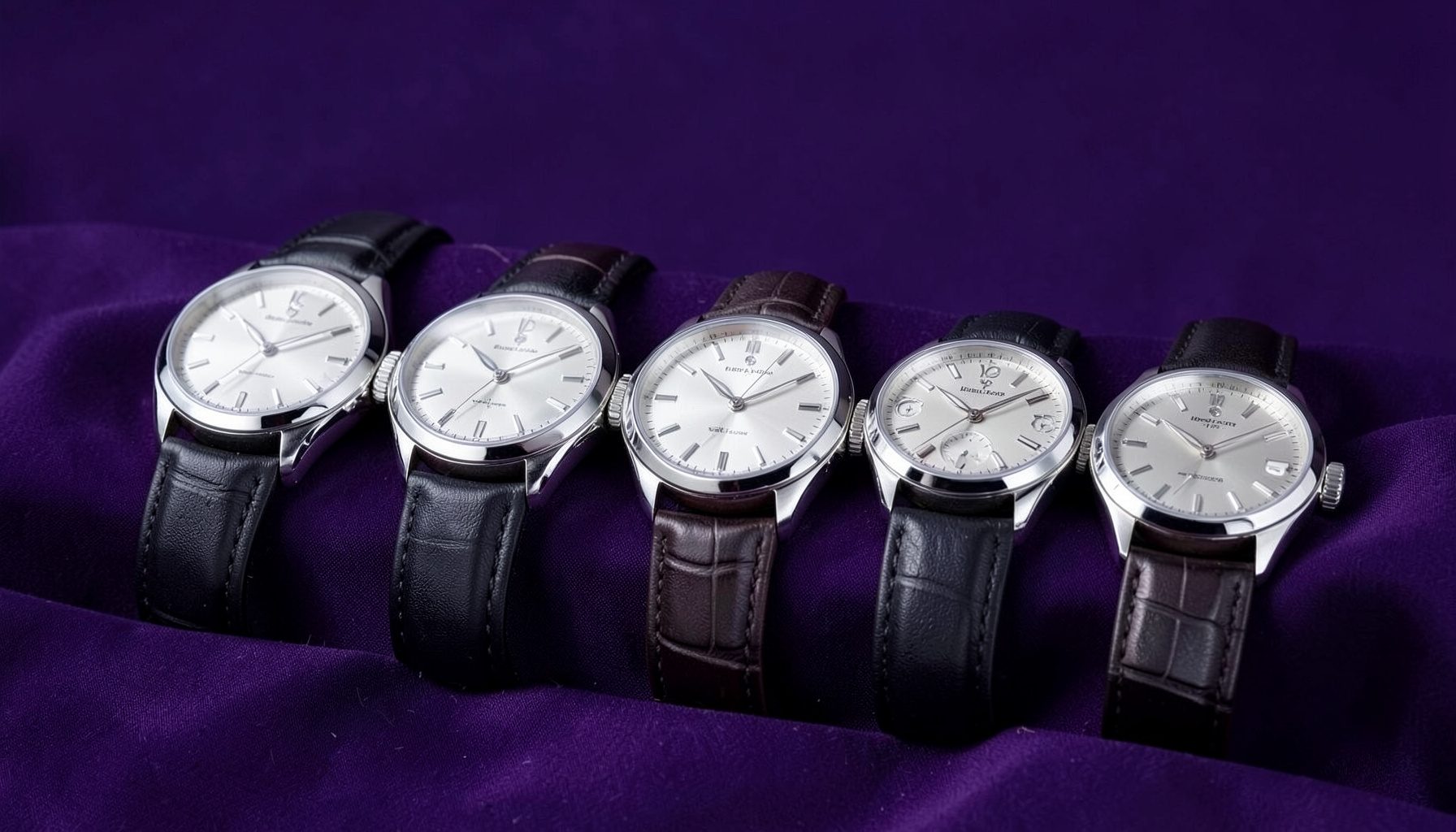 A row of luxury wristwatches arranged on a deep purple fabric, polished steel and leather straps catching soft light